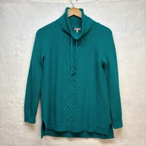 Talbots Cable Knit Wool Fisherman’s Turtleneck Sweater Blue Green Size S